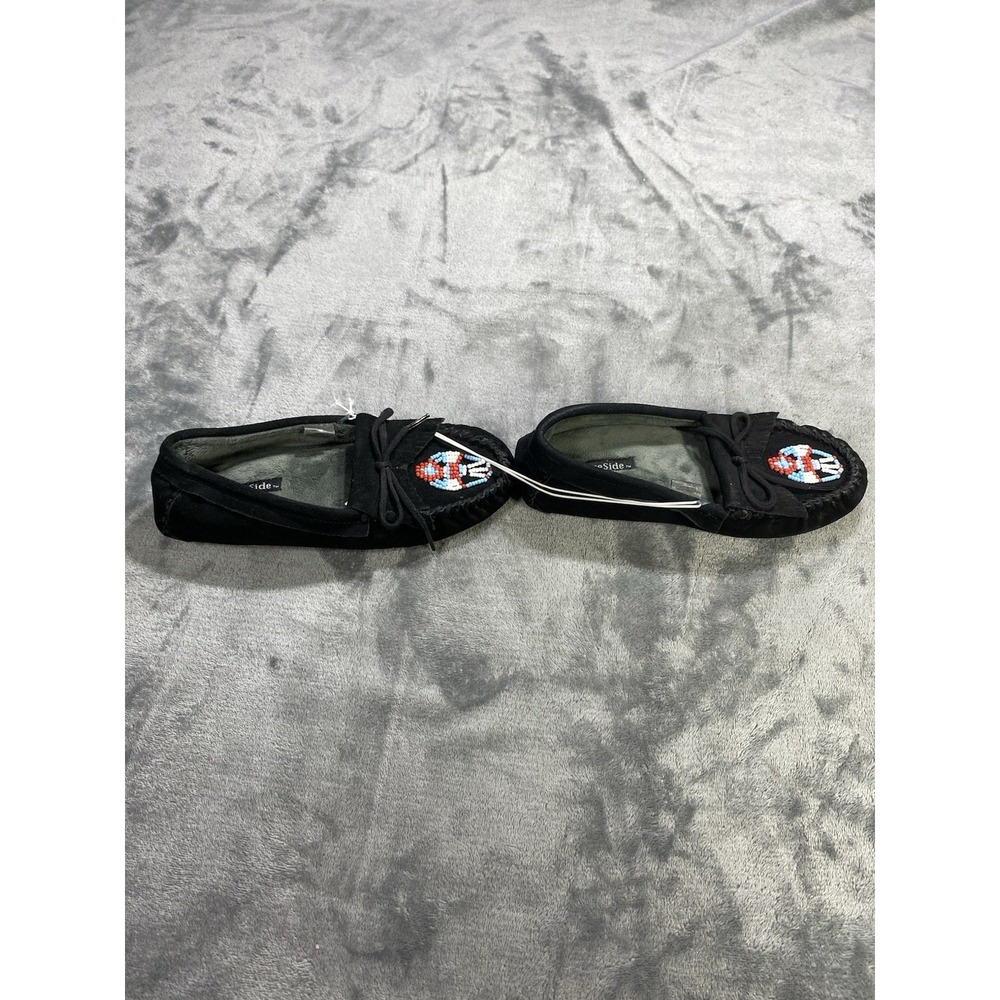 Fireside Dearfoams Shoes Womens 7 Boat Moccasin Slippers Black Beads Suede NEW - Picture 5 of 8